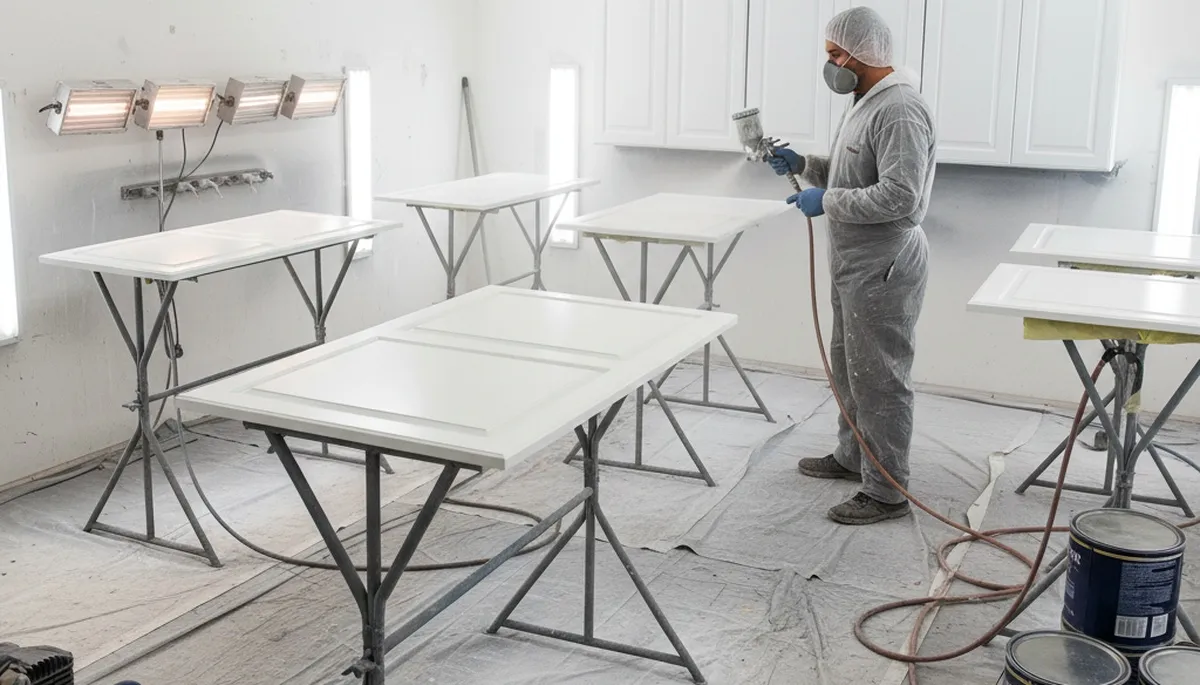 Professional cabinet painting process in Tampa, FL using spray and brush techniques for smooth kitchen finishes