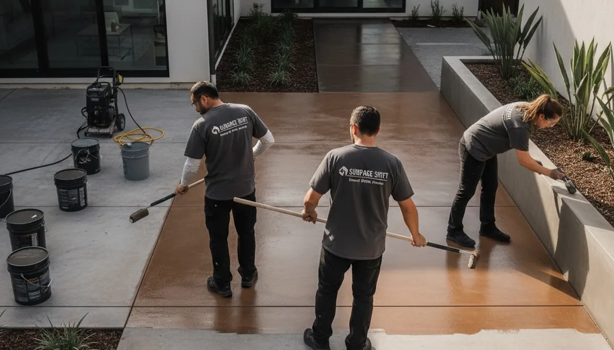 Professional concrete staining on residential patio in Tampa, FL by local house painting experts