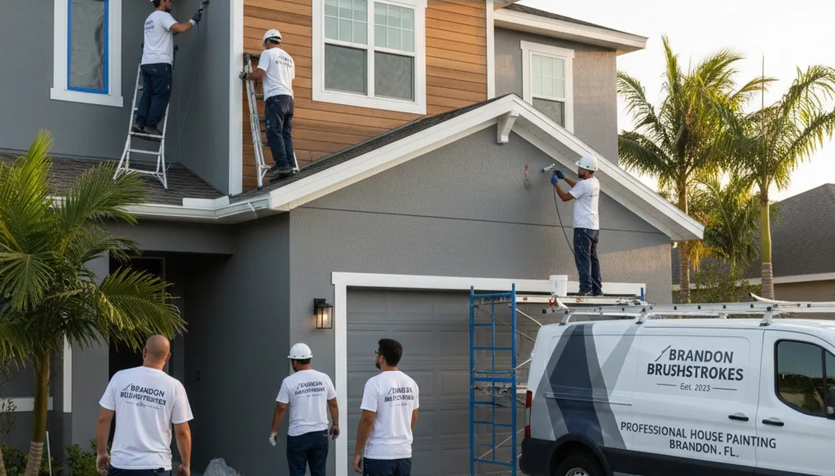 Professional house painters enhancing curb appeal of a Tampa FL home exterior with fresh paint