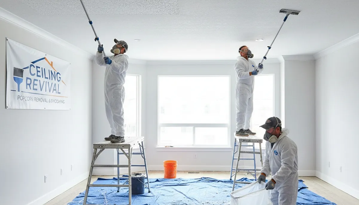 Professional popcorn ceiling removal service in Tampa, FL creating smooth modern ceiling finishes
